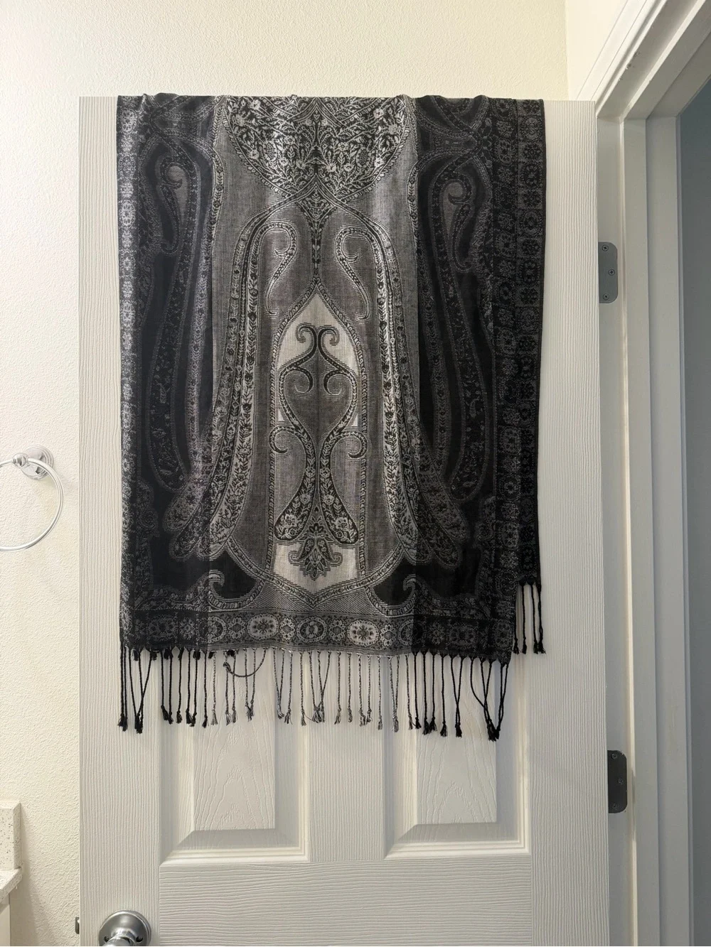 Black & Gray Paisley Fringe Scarf